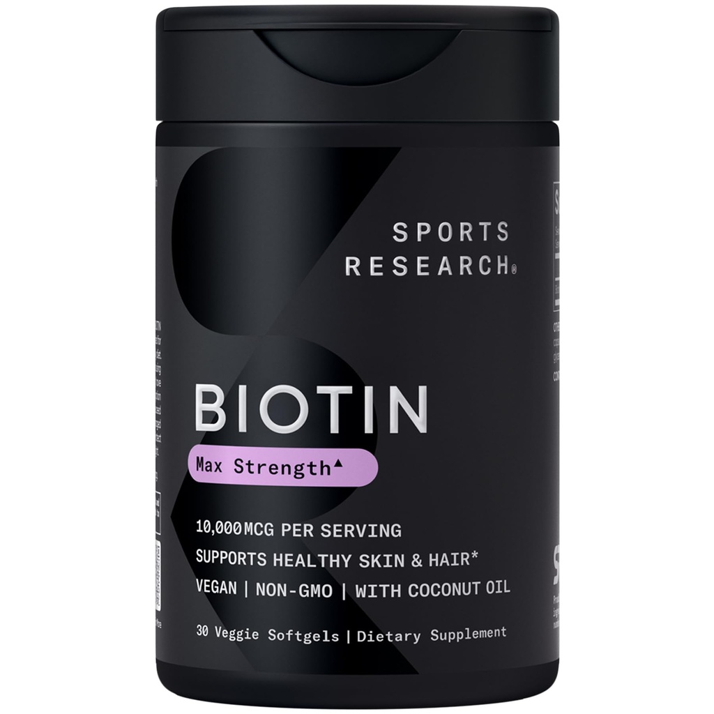 Sports Research® Biotin 10.000mcg med ekologisk kokosolja - Biotin (Vitamin B7) för hälsosam hud och hårstöd* - för kvinnor och män - Vegan, icke-GMO, Gluten & Soy-Free - 30 Veggie Softgels
