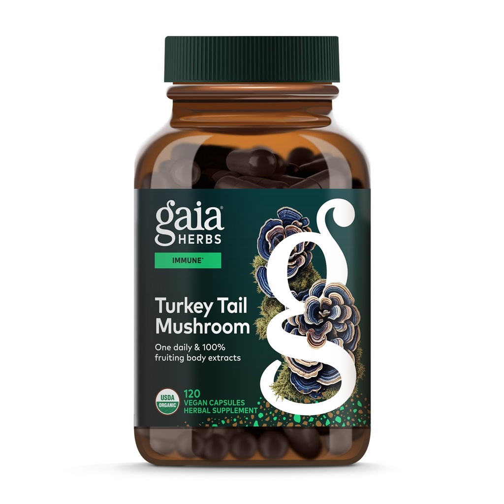 Gaia Herbs Turkiet Tail Mushroom - Immune Support Supplement för att hjälpa till att upprätthålla leverhälsa - med organisk Turkiet Tail Mushroom Fruiting Body Extract - 120 Vegan kapslar