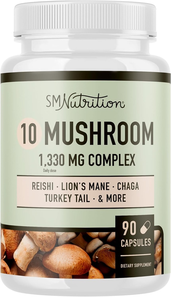 10 Mushroom Complex Supplement | 1300 + MG Blend med Lions Mane, Turkiet Tail, Cordyceps, Reishi, Shiitake, Maitake, Chaga & White Button Mushroom | Immune & Adaptogen Support | 90 C