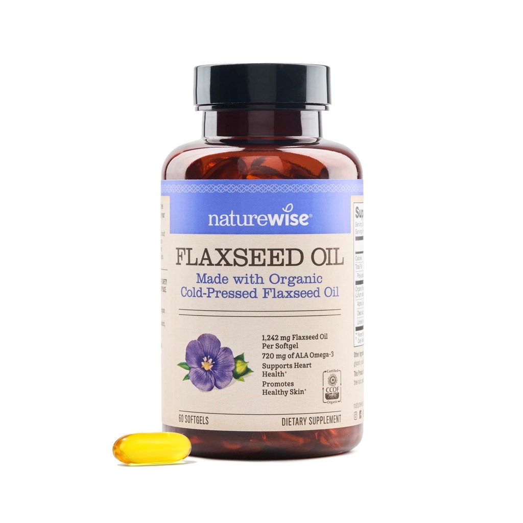NatureWise Flaxseed Oil 1200 mg, Fish Free Omega 3 6 9 med 720mg ALA, Kosttillskott för hjärthälsostöd - Organisk, kallpressad, icke-GMO - 60 Softgels[2-månaders leverans]