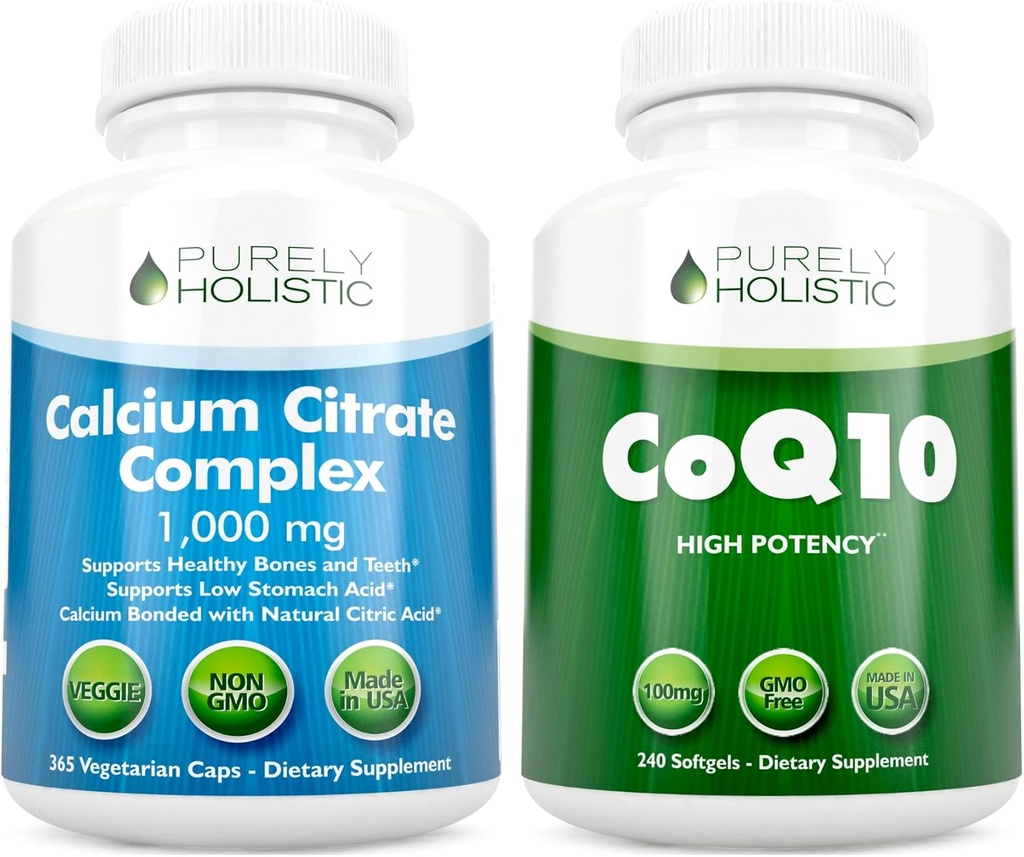 Calcium Citrate Komplex 1000mg + Q10 100mg - 365 Vegan kapslar + 240 Softgels Bundle - Utan vitamin D - Made in USA