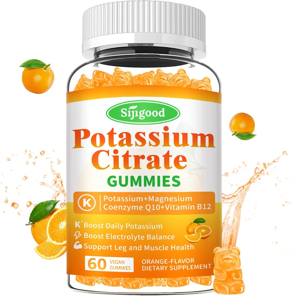 Kaliumcitrat Gummies - Hög potens kalium tillskott för muskelhälsa, Leg Cramp Relief, Electrolyte Balance - Vegan, icke-GMO, glutenfri, orange smak, 60 greve