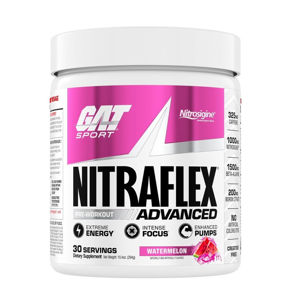 GAT SPORT Nitraflex Advanced Pre-Workout Powder, Ökar blodflödet, ökar styrka och energi, förbättrar träningsprestanda, kreatinfri (Watermelon, 30 portioner)
