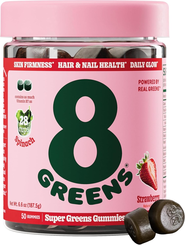8Greens Supergreens Beauty Gummies med Collagen & Biotin | Super Greens Powder Superfood Gummy for Healthy Skin, Hair, Nails, Glow och Firmness, Superfood Booster, Strawberry Flavored, 50 Count