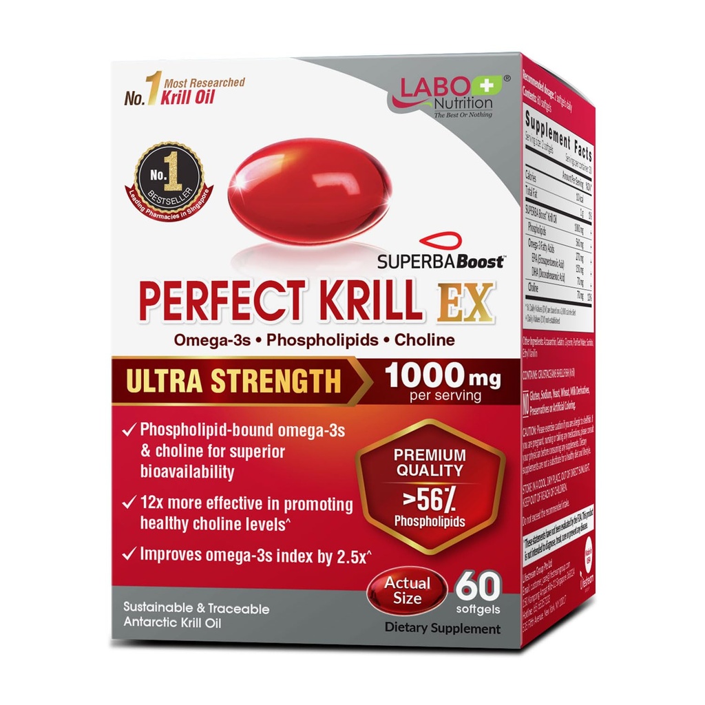LABO Nutrition Perfect Krill EX, 1000mg Antarctic Krill Oil Omega 3 EPA DHA, Högsta Fosfolipider (Över 56%) med Choline, Astaxanthin | Heart Brain Eye Joint Health, Made in USA, 60 softgels