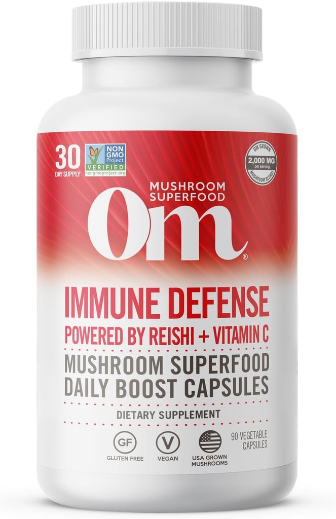 Om Mushroom Superfood Immune Defense Mushroom Capsules Superfood Supplement, 90 Count, 30 dagar, Mushroom Blend, Reishi, Turkiet Tail, Maitake, Agaricus Blazei, Vitamin C, Vegan