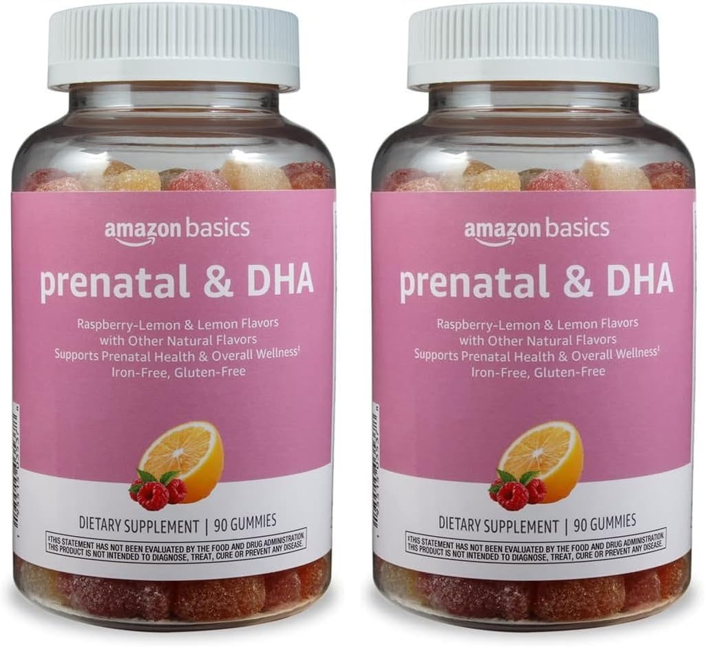 Grundläggande Prenatal & DHA Gummy, Rasberry & Lemon Flavor, 90 Count (tidigare Solimo) (Pack of 2)