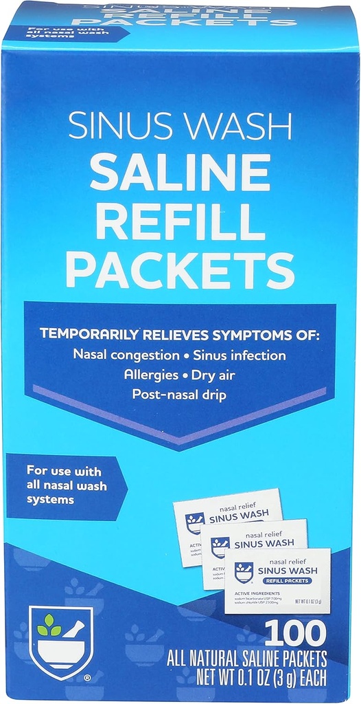 Rite Aid Sinus Wash Refill Kit, Individuellt inslagna Saline Packets - 100 greve | Nasal / Allergy Relief Saline Solution för Neti Pots | Nasal Rinse