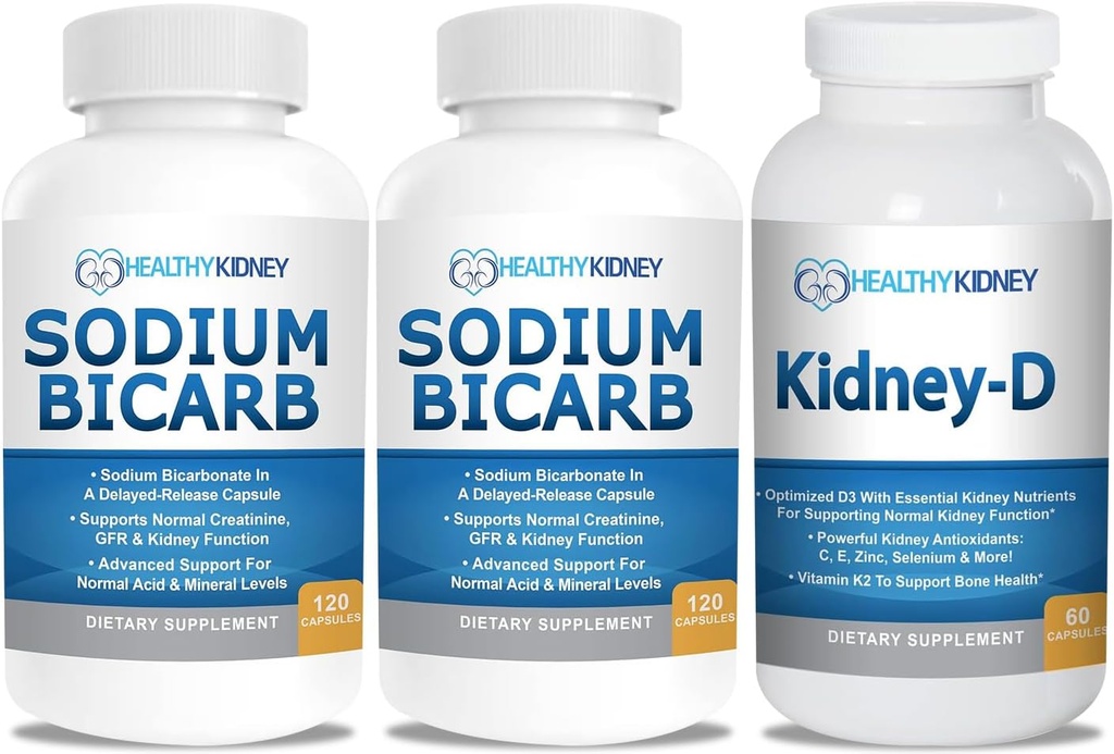 Natriumbikarbonat 650mg kapslar för syra lättnad, Alkalinitet 120 piller 2-Pack + njur-D njurtillskott. Vitamin D Optimerad för njursupport.