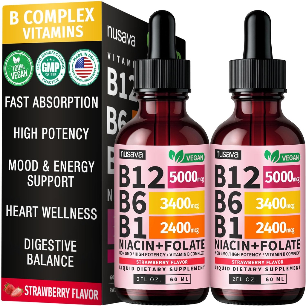 (2 Pack) Vitamin B12 och B6 flytande droppar, B12 Sublingual Vitamin B Complex - B 12 Vitamin 5000mcg - B12 Methylcobalamin för energi, hjärna och hjärtsupport med 27 200 mcg, jordgubbar, 80 portioner