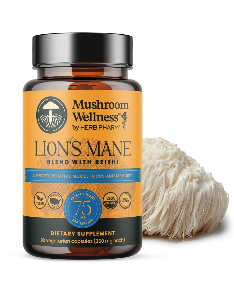 Mushroom Wellness Lion's Mane Blend med Reishi: Organic Lion's Mane & Reishi Mushroom Capsules, Mushroom Powder Supplement, stöder kognitiv hälsa, minne och mental fokus, 90 Vegan Capsules