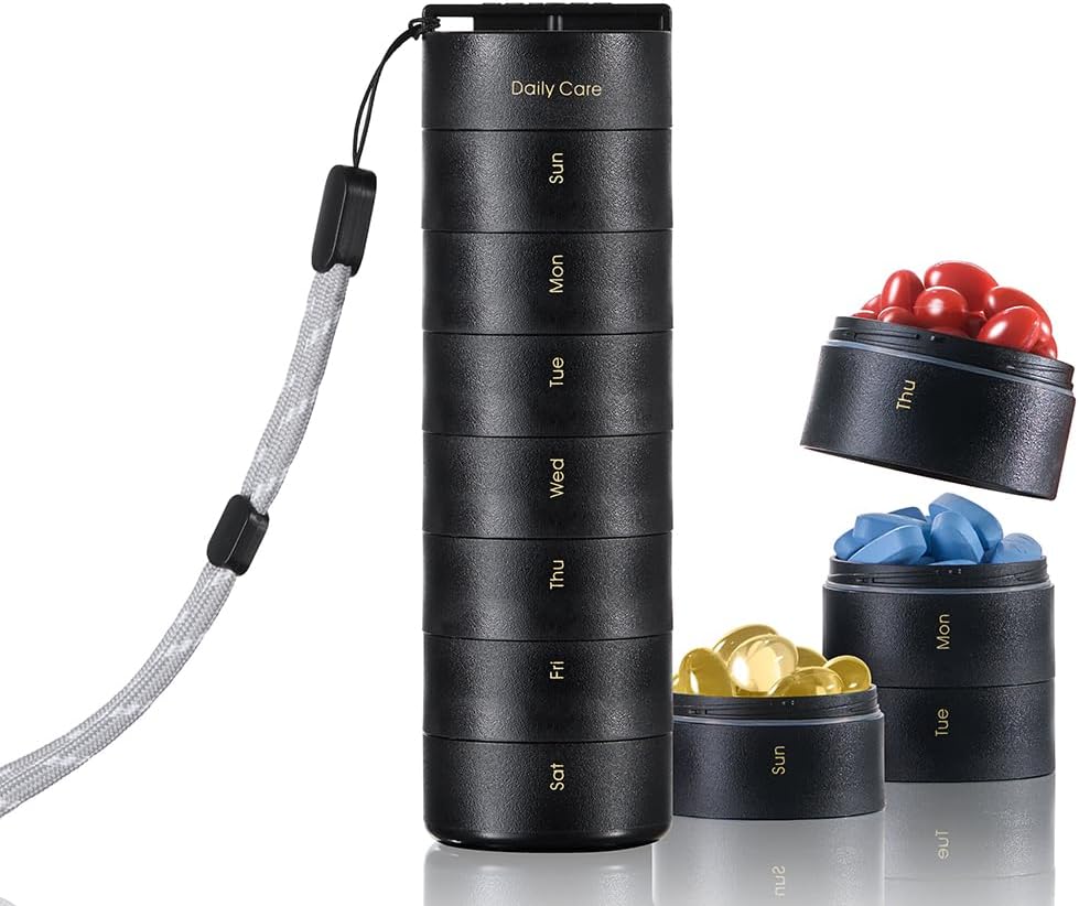 Ankomn Travel Vitamin Organizer - Stackable Daily Organizer med säker Twist Lid, Airtight & Lightweight för On-The-Go. Durable BPA-Free Material, Great for Pills, Supplements & Vitamins (Black)