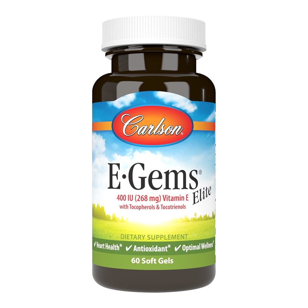 Carlson - E-Gems Elite, 400 IE Vitamin E med Tocopherols & Tocotrienols, Heart Health & Optimal Wellness, Antioxidant, 60 mjuka gels