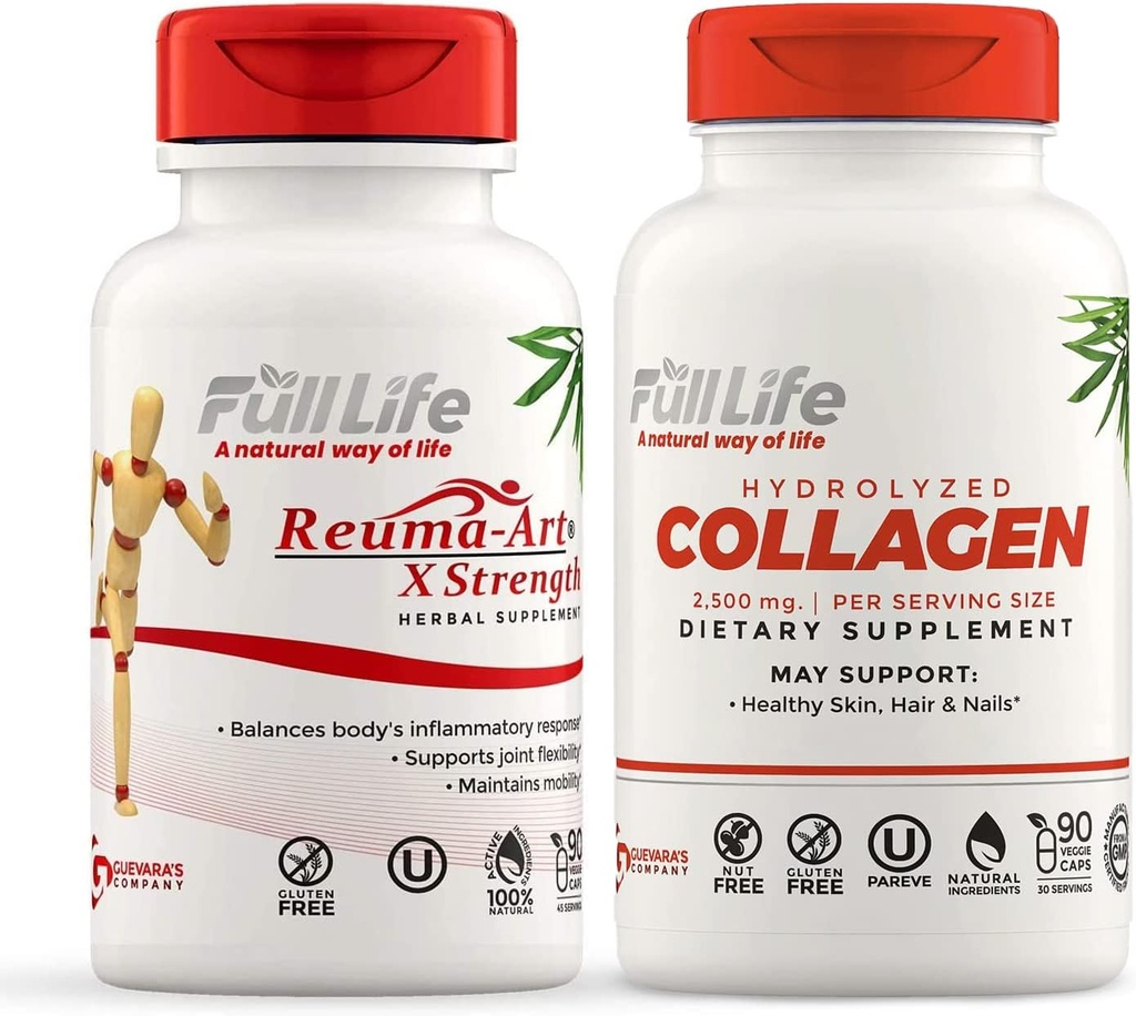 Full Life Reuma-Art X Styrka och Hydrolyzed Collagen - Gemensamt stödtillägg - Bovine Collagen Pills - Kosher, Gluten-Free - 90 Veggie kapslar