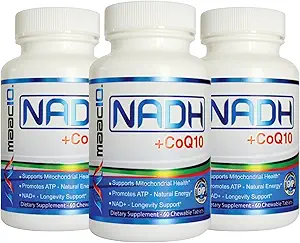 MAAC10 NADH + CoQ10 Chewable Tablets (3-Pack - 180 tabletter) | 50mg PANMOL® NADH + 100mg CoQ10 stöder trötthet, energi och NAD +, icke-GMO, Gluten Free, Vegetarian (3 månaders leverans)