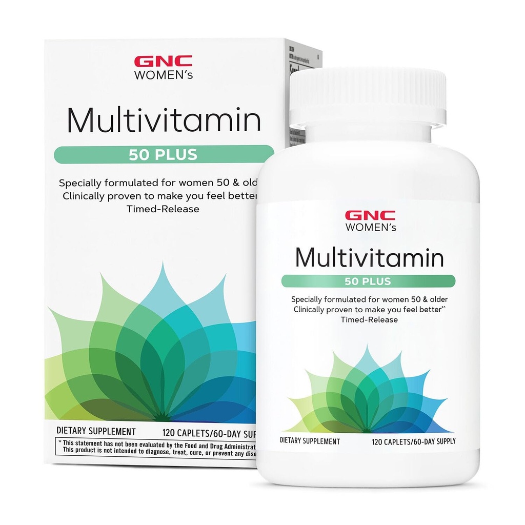 GNC Women's 50 Plus Multivitamin Caplets, kliniskt bevisad att känna sig bättre, vitamin D-3, Immune, starka ben, minne, mental skärpa, vision, Biotin, Timed Release, 120 ct, 60 svgs