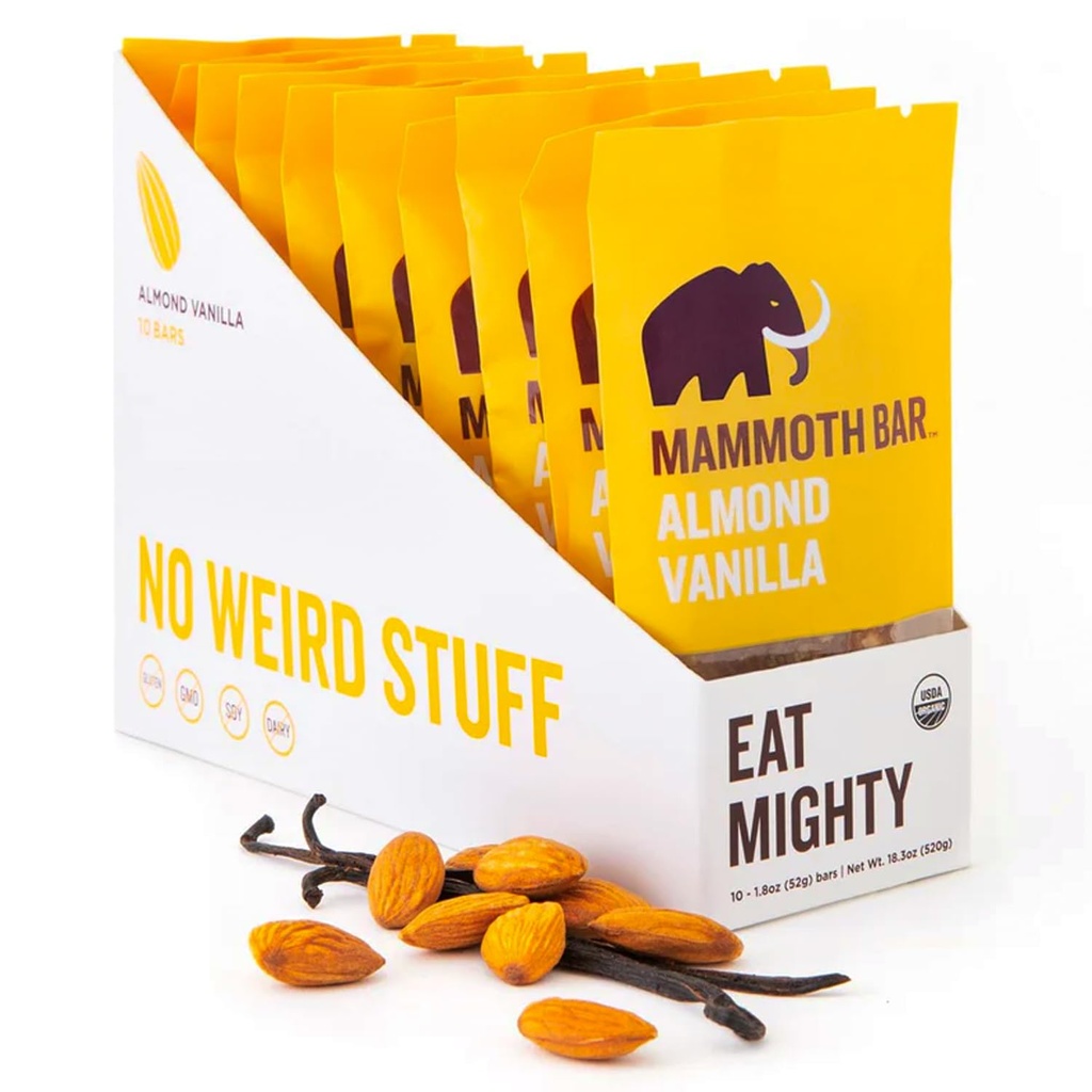 Mammoth Bar Almond Vanilla Bar - 10 Organic Protein Bars - Prebiotic • Paleo • Gluten Free • Egg Protein • GMO Gratis • Raw • Premium Nuts