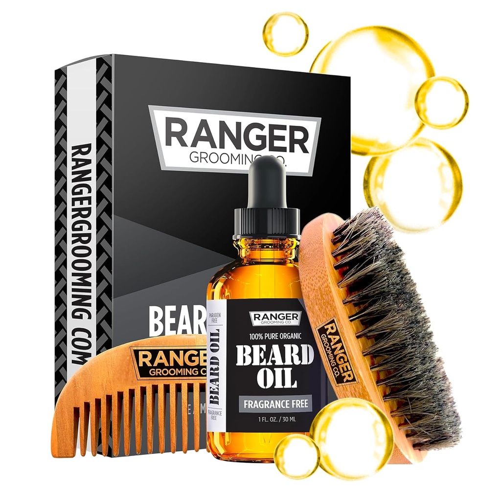 Beard Kit av Ranger Grooming Company av Leven Rose, 100% organisk naturlig doftfri oscent skäggolja, Boar Bristle Beard Brush, Natural Wood Comb Beard Care Starter Set för män