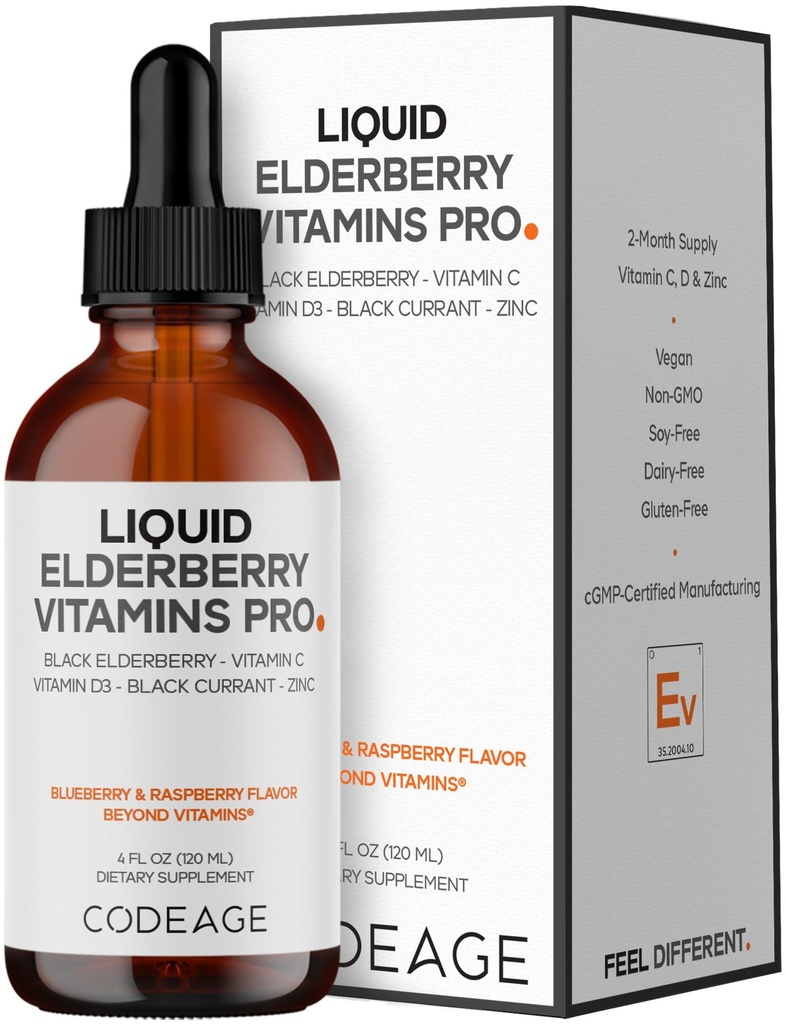 Codeage Elderberry Vitamins Pro - Organic Black Elderberry Liquid Drops - Vitamin C, D3, Zink, Black Currant - 2-månaders leverans - Svart Sambucus Liquid - Tillägg för vuxna och barn - 4 fl oz