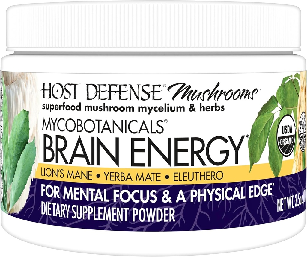 Host Defense MycoBotanicals Brain Energy* Powder - Brain & Focus Support Supplement with Lion's Mane Mushroom - Dietary Supplement with Yerba Mate for Energy Support - 3.5 oz (33 Servings)*
