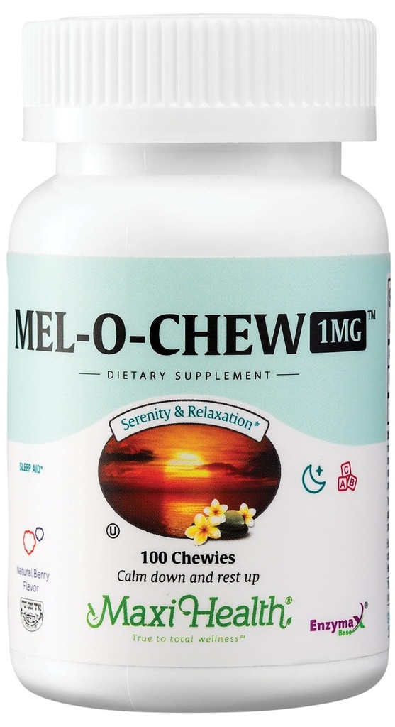 Maxi Health Melatonin 1mg Chewable - Sömnhjälp Melatonin för att uppmuntra naturlig sömn - Non-Habit Forming Supplement med Enzymax för snabbverkande stöd Kosher (100 enheter)