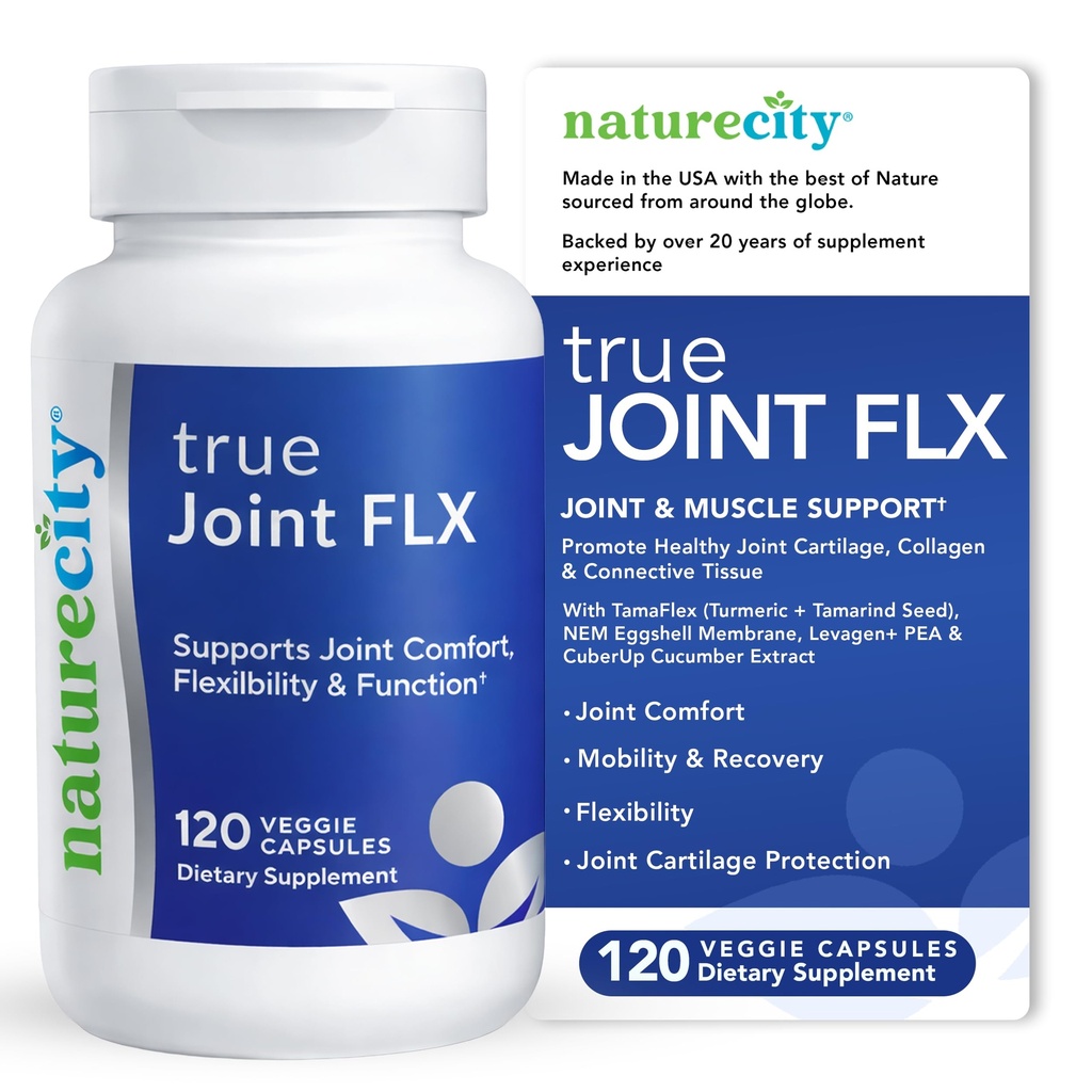 NatureCity True-Joint FLX Joint Supplement Formula (120 kapslar) | TamaFlex, NEM Eggshell Membrane, Levagen + PEA & CuberUp | Stöder Joint Comfort, Flexibilitet, Mobilitet, Funktion & Cartilage Health