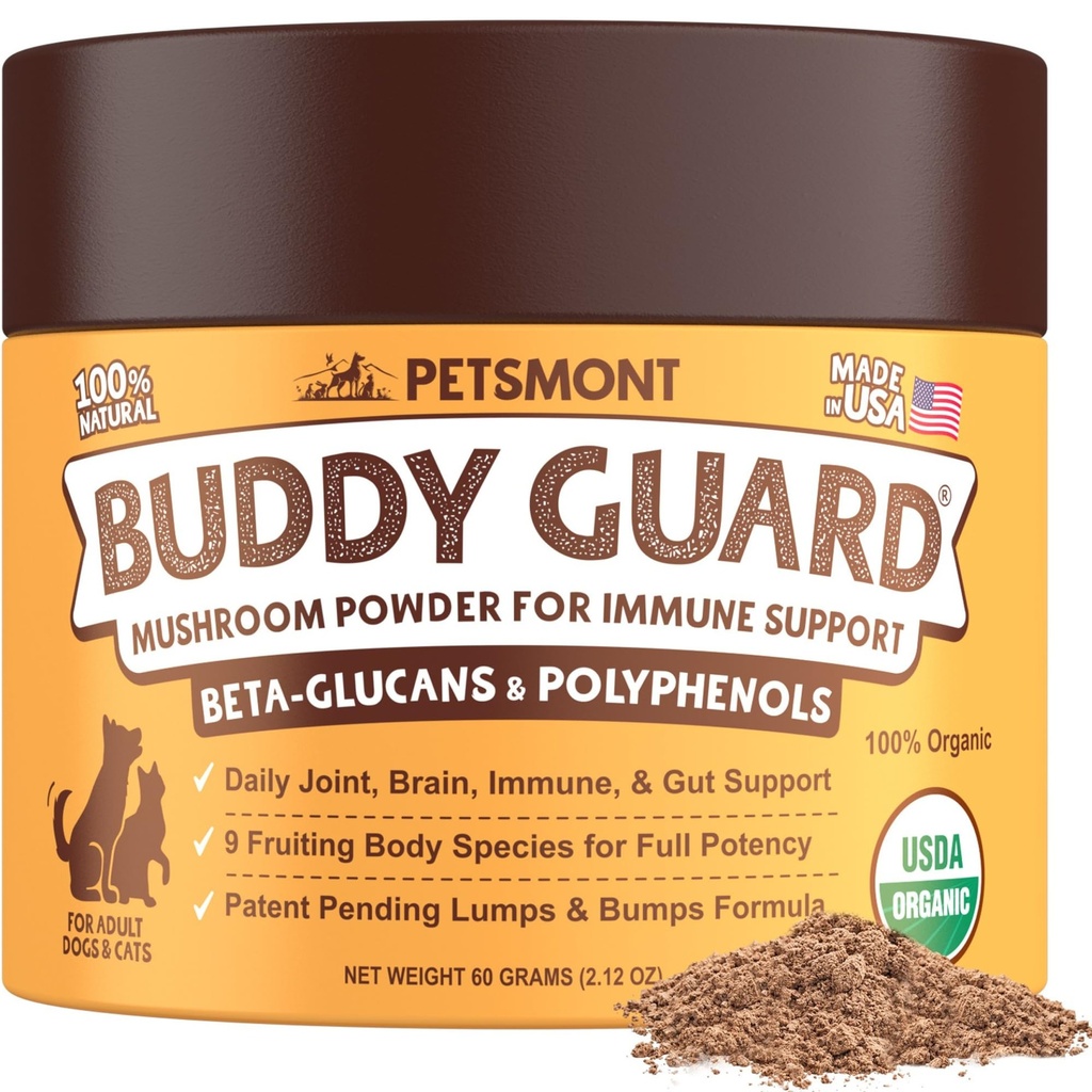 Petsmont Buddy Guard for Lumps and Bumps, Lipoma for Dogs & Cats, Patent Pending Organic 8 Mushroom Powder Blend Natural Dog Probiotic & Immune Support Chaga, Reishi, Lion's Mane, Turkiet Tail Mushroom