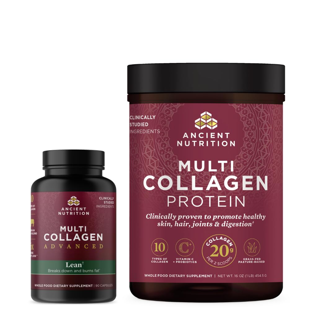 Ancient Nutrition Multi Collagen Advanced Capsules, Lean, 90 Count + Multi Collagen Protein Powder, Unflavored, 45 Servings