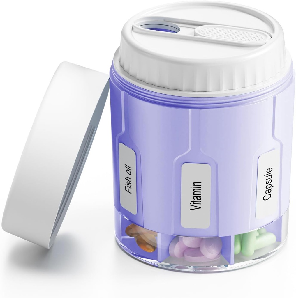 Daviky Pill Bottle Organizer, Supplement Organizer med 7 stora delar, Travel Pill Dispenser Round Pill Box med två lock (Purple)