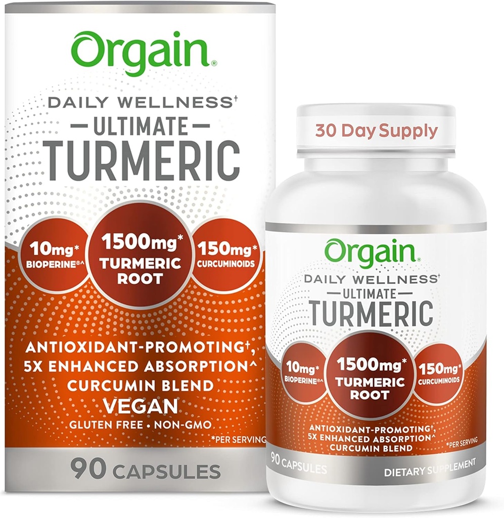Orgain Ultimate Turmeric Supplement 1500mg, Curcumin och Bioperine Black Pepper Extract Herbal Blend, stöder antioxidant och hjärthälsa - 90 kapslar, 1 månads leverans