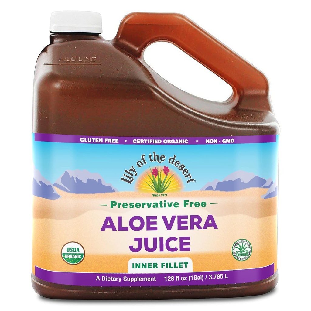 Lily of the Desert Aloe Vera Juice - Organic, Preservative-Free Inner Fillet Aloe Vera Drink med naturliga Digestive Enzymes for Gut Health, Stomach Relief, Wellness, Glowing Skin, 128 Fl Oz