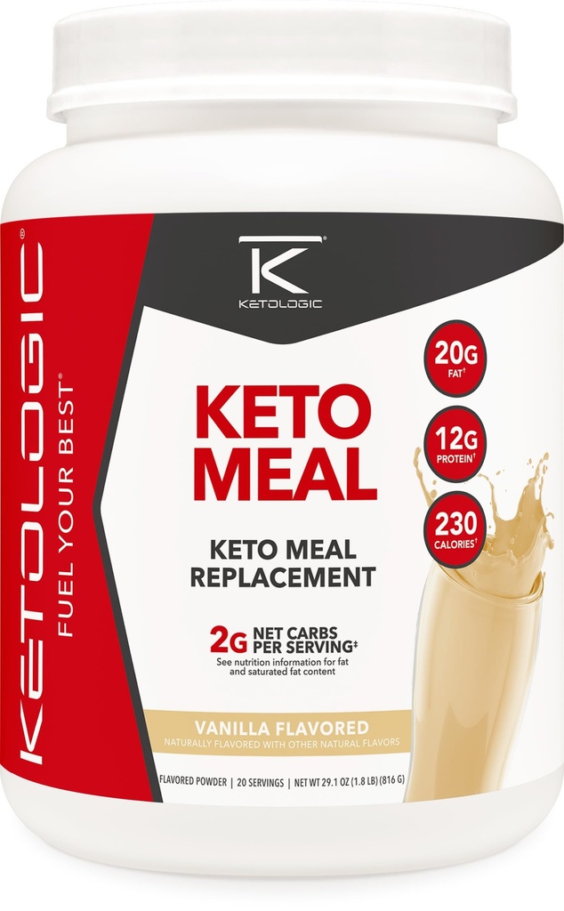 Ketologic Keto Meal Replacement Shake Powder för optimala resultat + MCT Olja + Grass-Fed Whey - Perfekt formulerade makros för ketos - 20 portioner - Vanilla