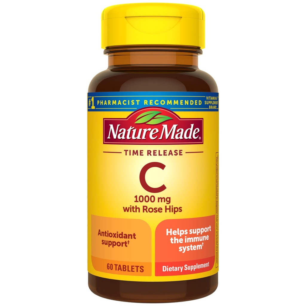 Nature Made Vitamin C 1000 mg med Rose Hips, Kosttillskott för immunstöd, 60 Time Release tabletter, 60 Day Supply