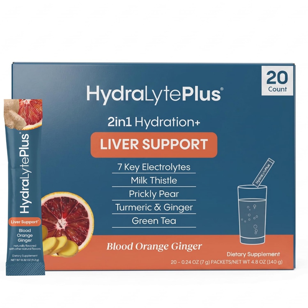 Hydralyte Liver Support + Electrolyte Mix med mjölk Thistle, Turmeric, Ginger, Prickly Pear, Green Tea Extract Formulerad för snabb rehydrering (Blood Orange Ginger, 20 Packets)