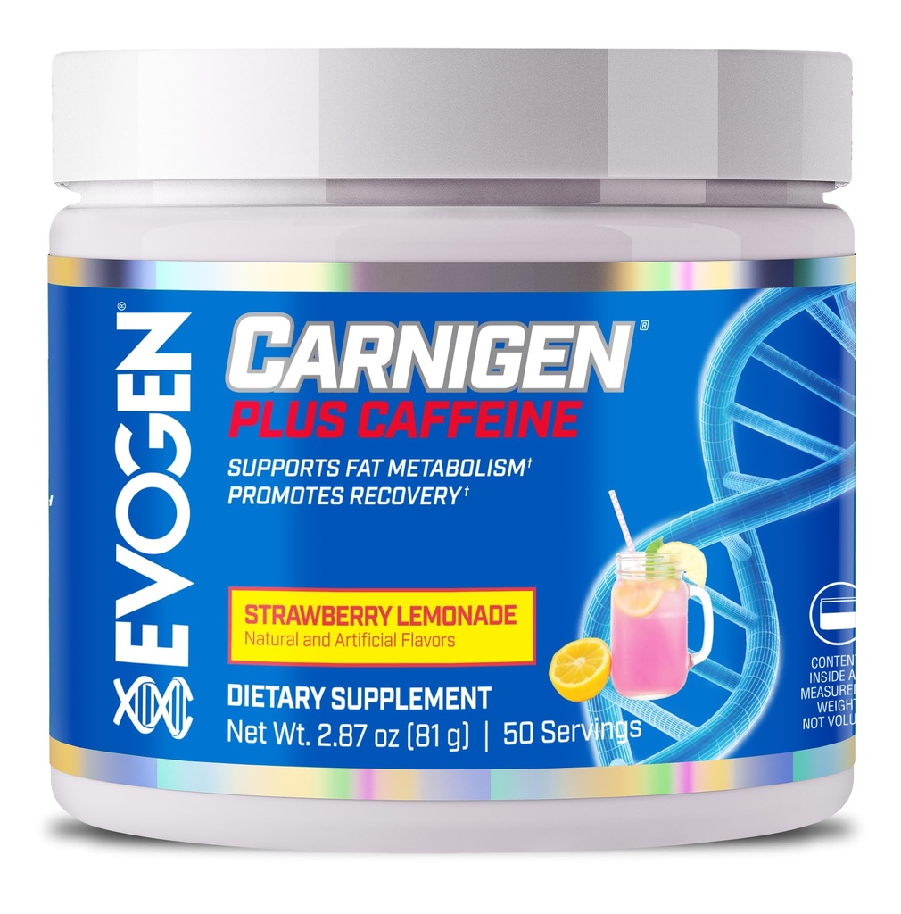 Evogen Carnigen Plus koffein - Premium karnitinpulver | Stöder fettmetabolism och främjar återhämtning | L karnitin tillskott med koffein och acetyl L-karnitin | Strawberry Lemonade | 50 portioner