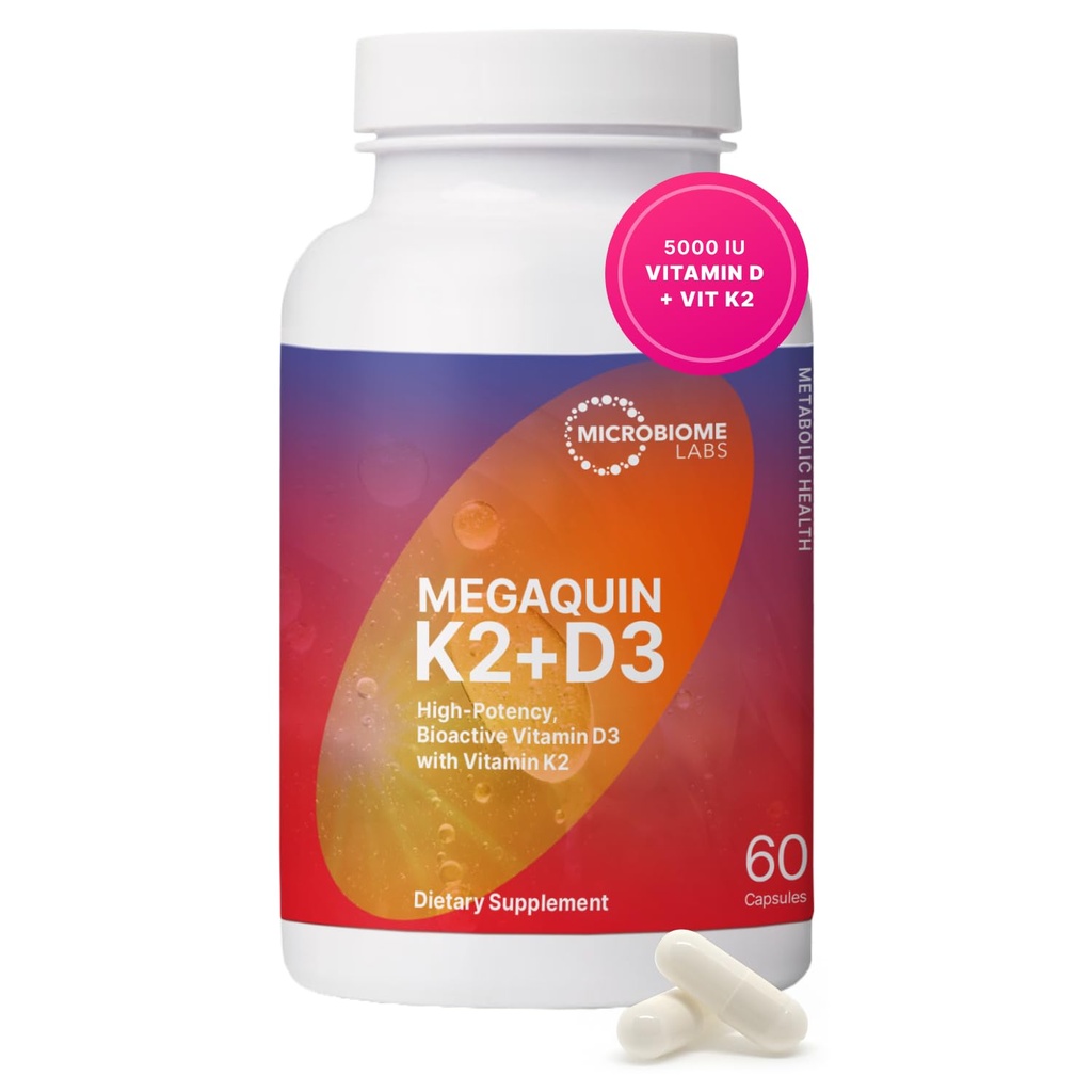 Microbiome Labs MegaQuin D3 + K2 - High Potency Vitamin D3 K2 Supplement - Bioactive & Bioavailable - Vitamin D3 5000 iu & MK-7 - Support Bone, Heart, Nerve & Immune Health (60 kapslar)