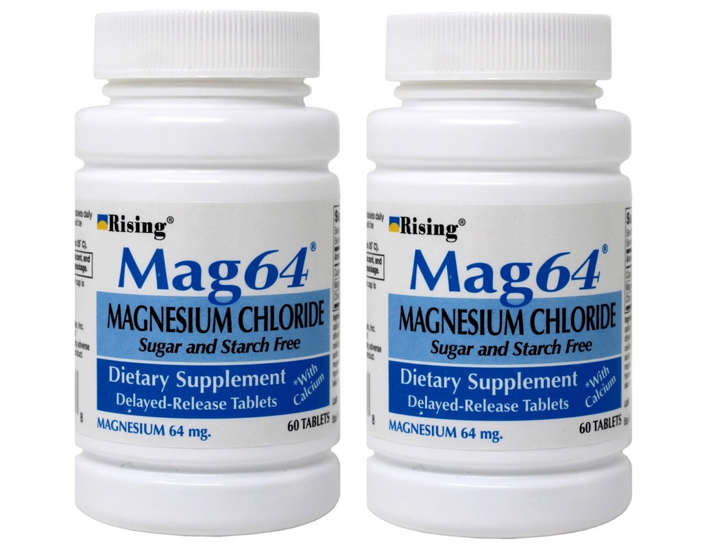 Rising Mag64 Magnesium Klorid Kosttillskott Försenade frisättning tabletter 64 mg, 60 tabletter (Pack av 2)