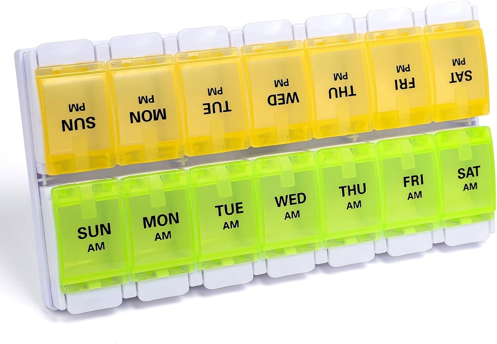Sukuos AM PM Weekly Pill Organizer 7 Day, 2 Times A Day Medicine Pill Box med Easy Push Button, BPA Free Vitamin Cases för fiskolja / tillägg, lätt att rengöra (gul & grön)
