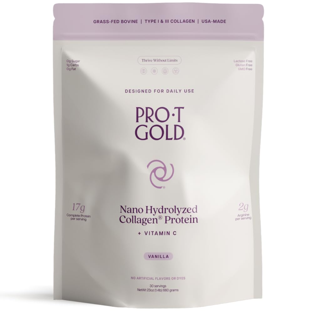 ProT Gold Collagen Protein Powder, 17g Protein Nano-Hydrolyzed Gras Fed Collagen, Vitamin C, 2g Arginin för sårstöd, Gluten Free, All Natural, Fat och Sugar Free, 0g Carbs, Vanilla, 23 oz, 30