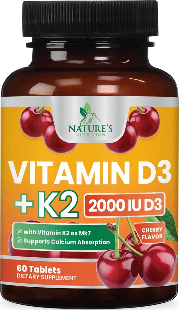 Vitamin D 2000 IU 50mcg Per Tablet - Vitaminer D3 & K2 (MK7) Komplext tillskott för ben, tänder, muskel, kalciumabsorption, stöder immun & hjärthälsa, tuggbar formel USA Bottled - 60 tabletter