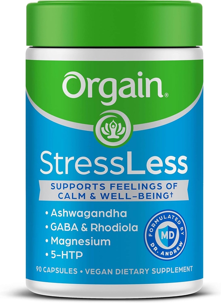 Orgain StressLess, Vegan Stress Relief Supplement - Blend of Magnesium, Lemon Balm, GABA, 5 HTP, Rhodiola Rosea, Ashwagandha och Chamomile, Gluten Free, Doctor Formulerad - 90 Count, 30 Day Supply