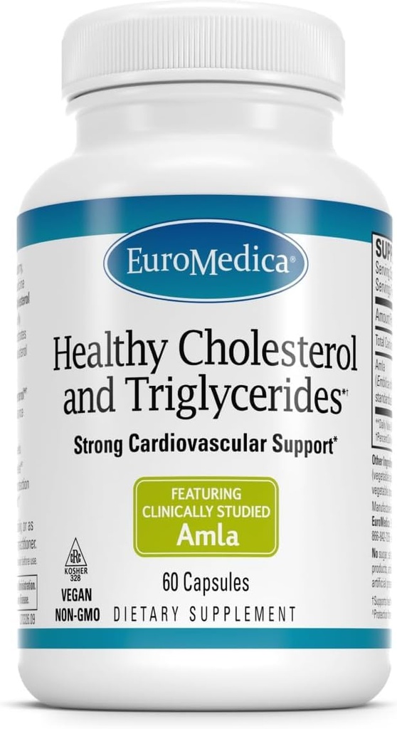 Euromedica Hälsosamt kolesterol och triglycerider - 60 kapslar - kliniskt studerade Amla - Stöder Hälsosamma HDL & Triglyceridnivåer - Icke-GMO, Vegan, Kosher - 30 portioner