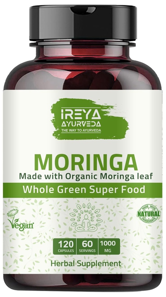 Moringa Capsule 1000 mg (120 kapslar), Moringa Powder Capsules Made från Organic Moringa Leaf Powder | Non-GMO Whole Green Super Food Nutrition 60 Days Supply