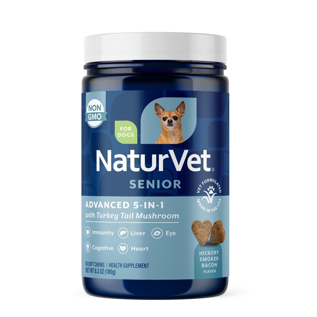 NaturVet Senior Advanced 5-in-1 Support Dog Supplement - Hjälper till att stödja immunsystem, hjärta, lever, kognitiv funktion, ögonhälsa - Inkluderar Ginkgo Biloba, Lutein - 60 Ct.