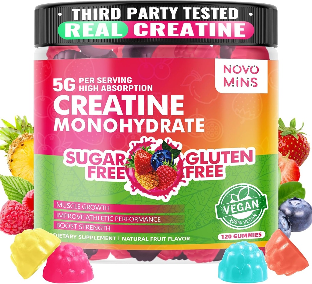 novominer Kreatinmonohydrat Gummies 5000mg för Män & Kvinnor, Chewables Kreatinmonohydrat för muskelstyrka, muskelbyggare, energiökning, Pre-Workout Supplement (120 Count)