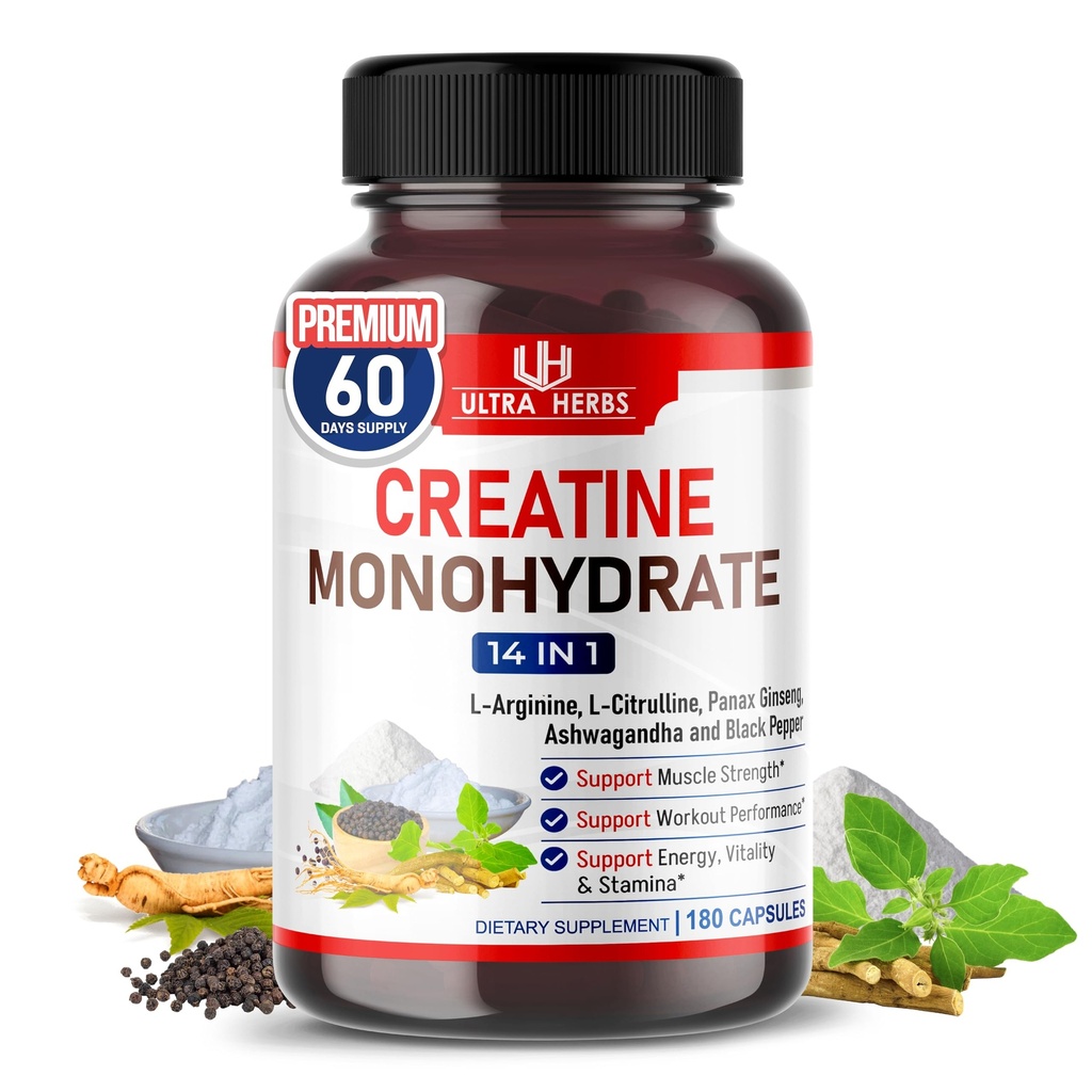 Ultra Creatine Pills | Creatine Monohydrate Capsules Enhanced with L-Arginine, L Citrulline, Ginseng | Support Stamina, Energy & Muscle Growth | 180 Capsules
