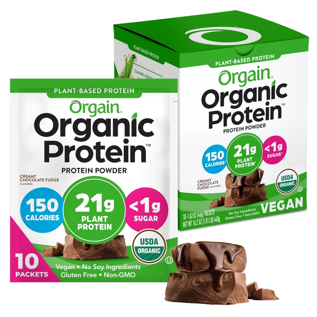 Orgain Organic Vegan Protein Powder, Creamy Chocolate Fudge - 21g Plant Protein, 6g Prebiotic Fiber, Low Carb, No Lactose Ingredients, No Added Sugar, Non-GMO, För Shakes & Smoothies, 10 Travel Packs