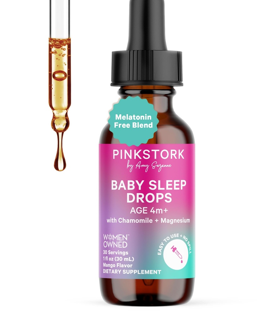 Rosa Stork Baby Sleep Drops, Stöder Naturligtvis Sömn Utan Melatonin för spädbarn, småbarn och barn, Hjälp Sömn med kamomill och Magnesium, Baby Essentials för Bedtime, 1 uns, 30 portioner