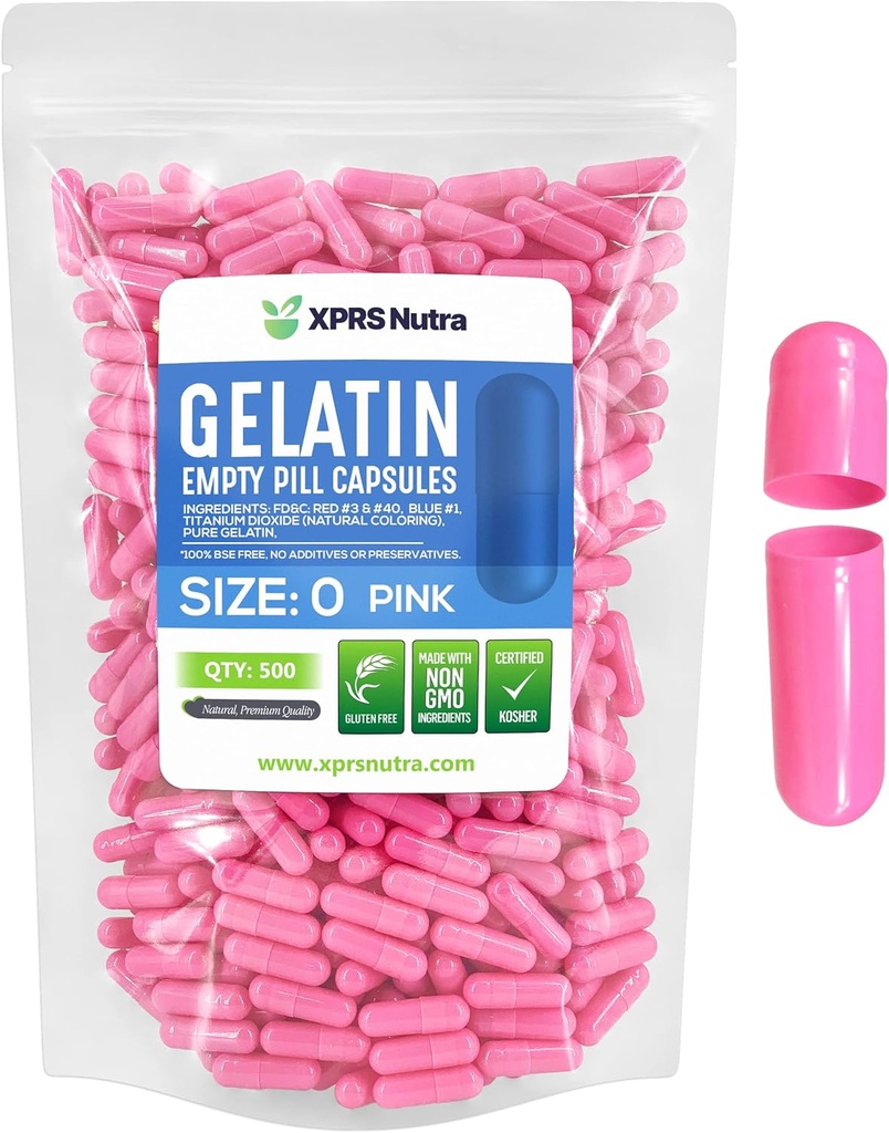 XPRS Nutra Size 0 Tomma kapslar - 500 greve Empty Gelatin Capsules - Piller för DIY Capsule Fyllning - Pure Bovine Pill Gel Caps for Do-It-Yourself Supplements (Pink)