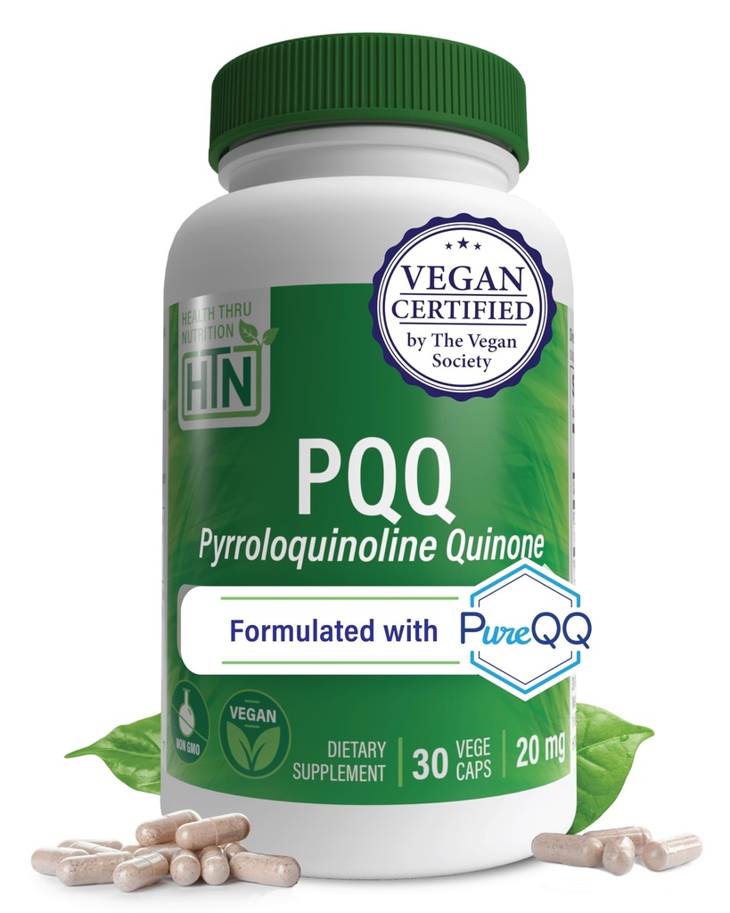Health Thru Nutrition PQQ 20mg 30 Servings Pyrroloquinoline Quinone as PureQQ | Promotes Mitochondrial Biogenesis | Certified Vegan | Non-GMO Gluten Soy Free Capsules| Clean Label PQQ Supplement